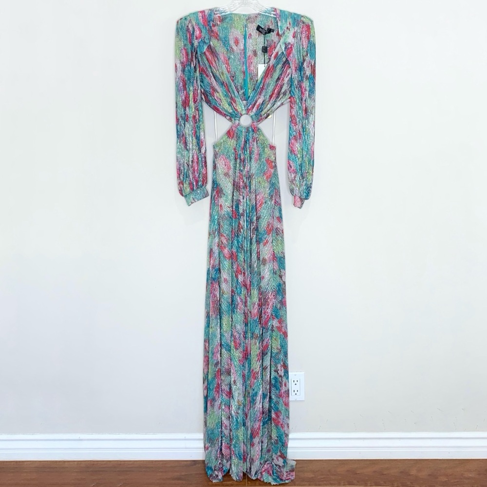 NEW PatBO Printed Lurex Cut-Out Maxi Dress (Sz 6) Long Sleeve Gown Green Multi - Picture 4 of 14
